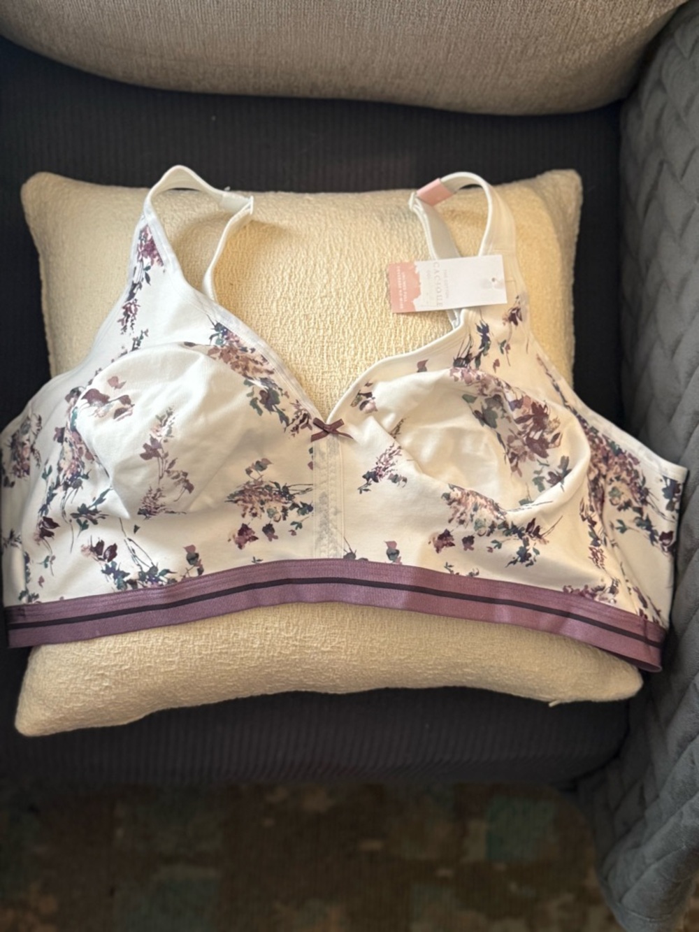 Cacique Cream Floral Wireless Bra with Purple Trim